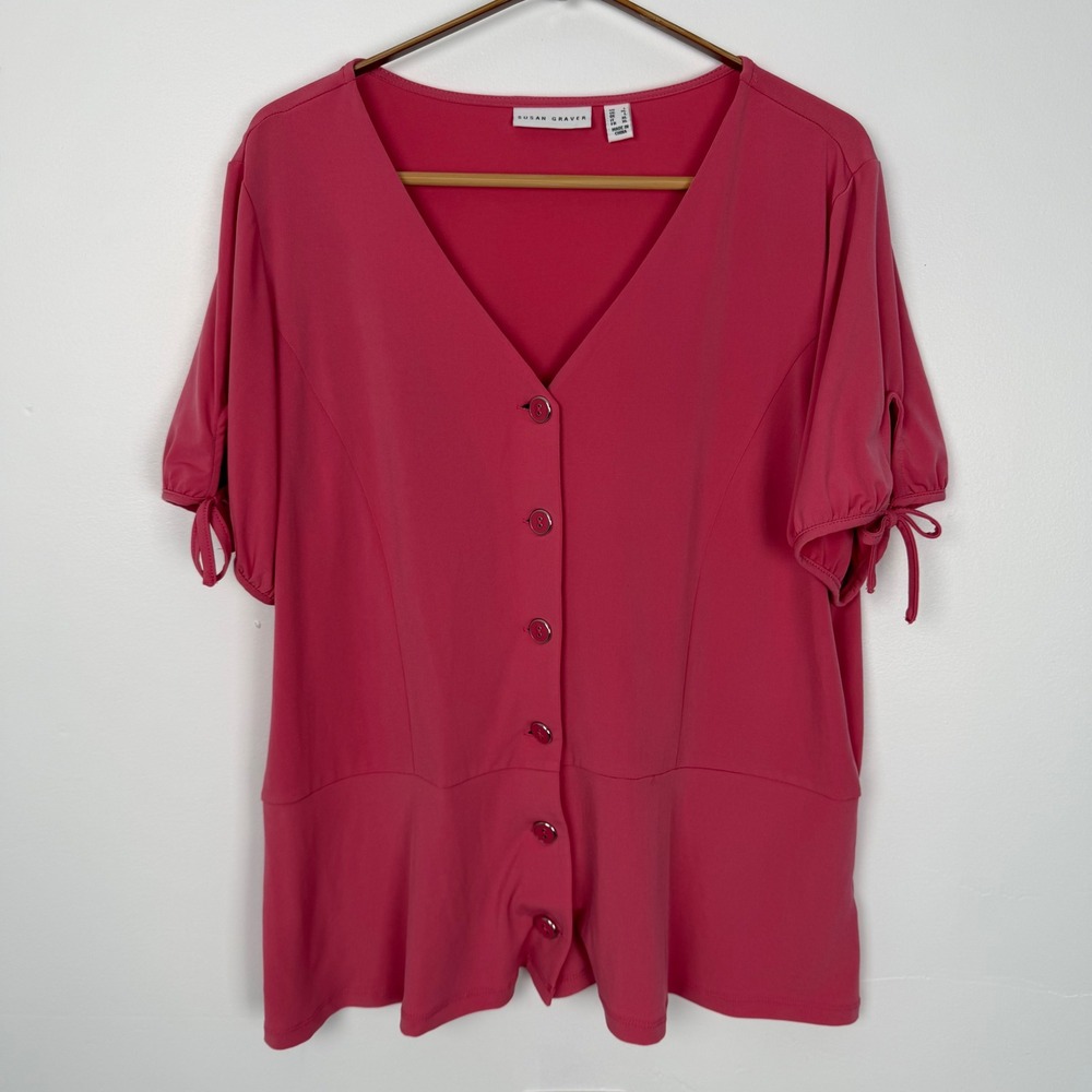 Susan Graver Liquid Knit Peplum Blouse Dark Pink Short Sleeve Tie Cuff Top L